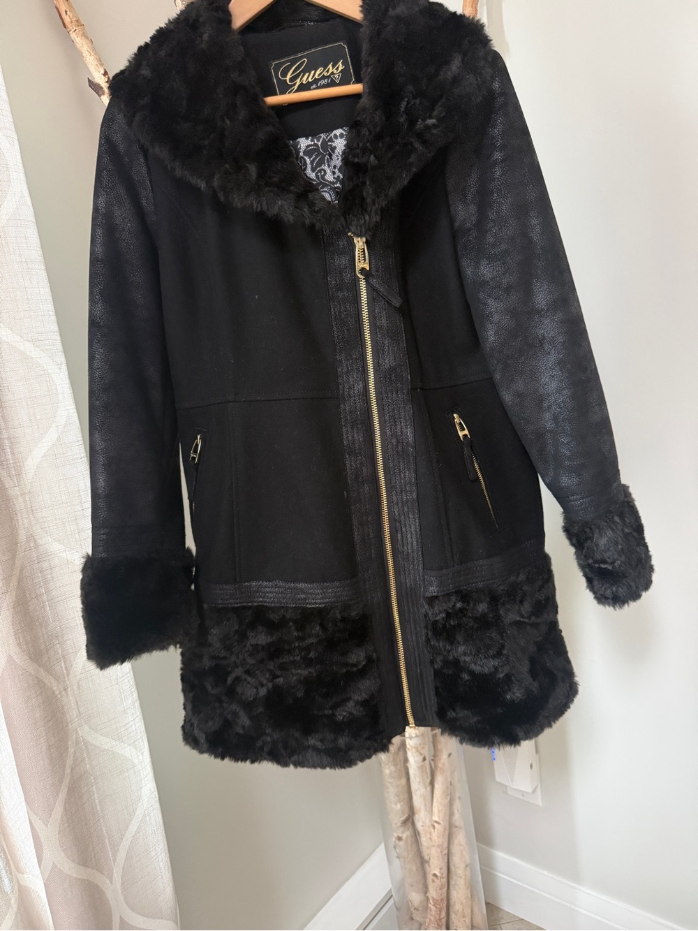 GUESS Black Faux Fur-Trim Hooded Pea Coat